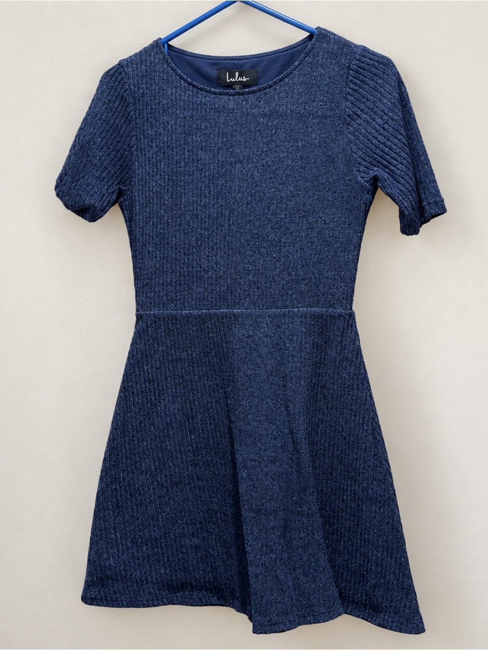 Lulus Navy Textured Short Sleeve Fit & Flare Dress Size S